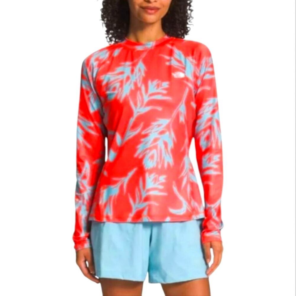 The North Face Womens Long Sleeve Rash Guard Red Blue Floral Tropical Swim Top